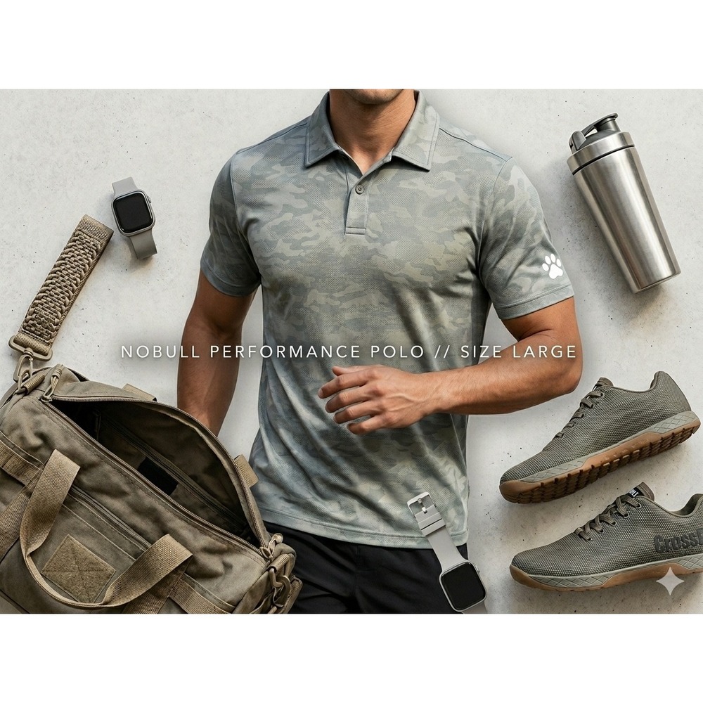 NOBULL Mens‎ Performance Polo Large Gray Blue Camo Athletic Gym CrossFit Shirt